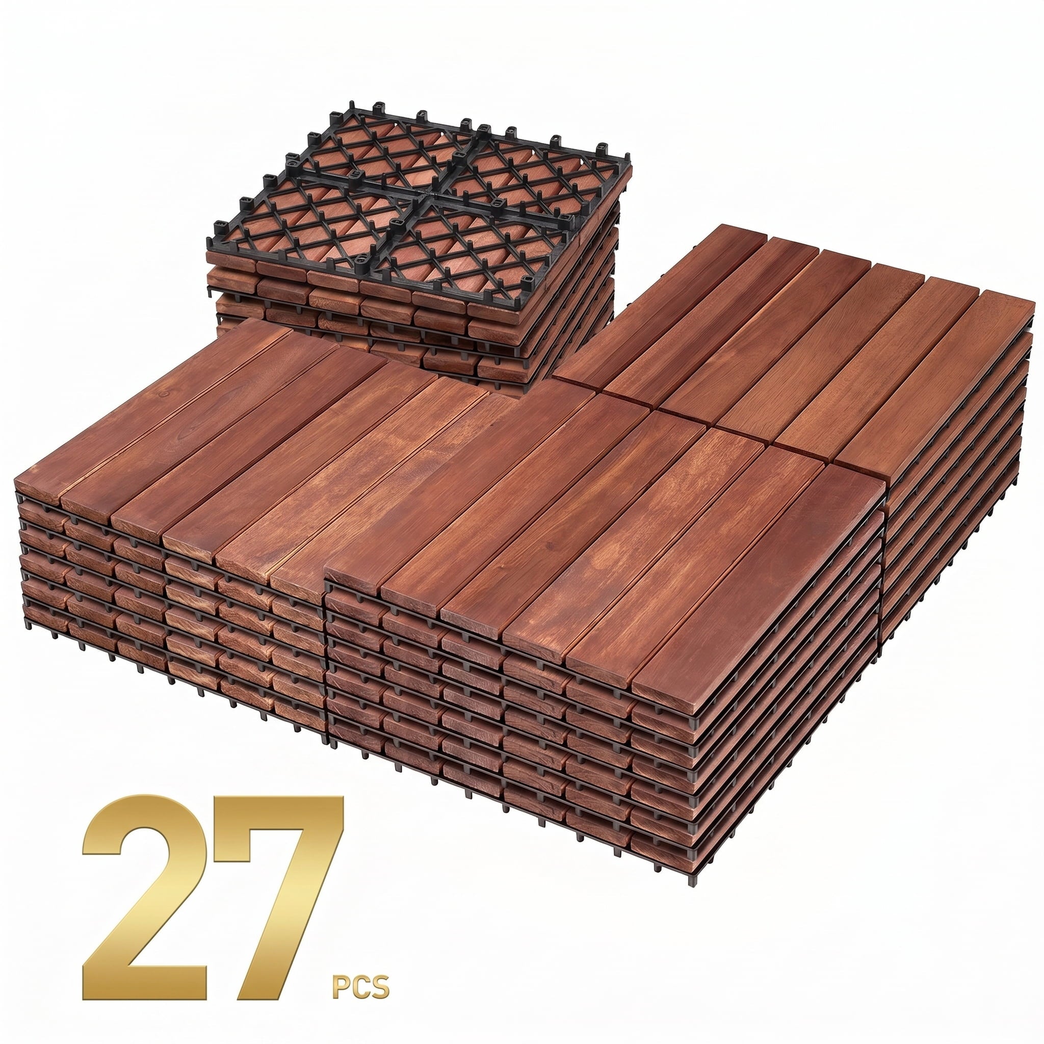 PrimeZone 27片金合欢木互锁露台地砖 12x12x1英寸 户外防水地板 露台阳台庭院门廊